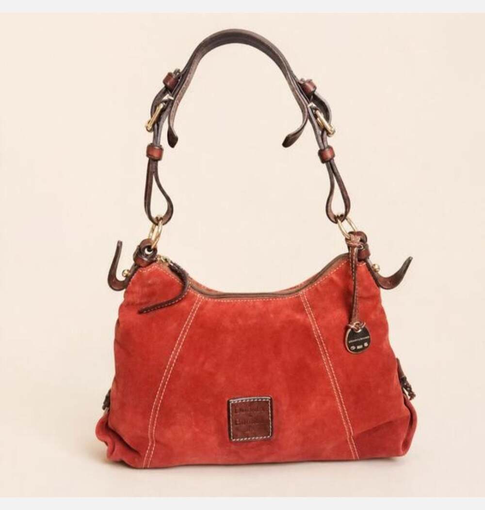 Dooney & Bourke Red Suede Hobo Shoulder Bag with Brown Leather Trim